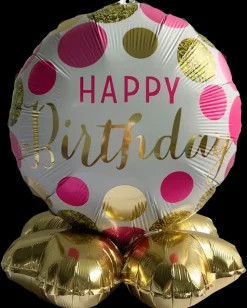 Folieballon på fod Ø35 - "Happy birthday" Pink