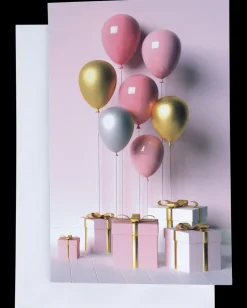 Kort med kuvert 11 x 17 cm - ballon med gave