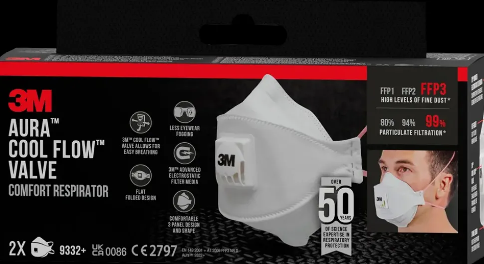 3M™ Aura™CoolFlow™Comfort Åndedrætsværn FFP3 m/ven 2-pk