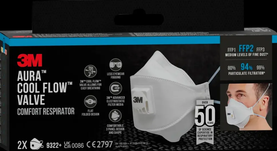 3M™ Aura™CoolFlow™Comfort Åndedrætsværn FFP2 m/ven 2-pk