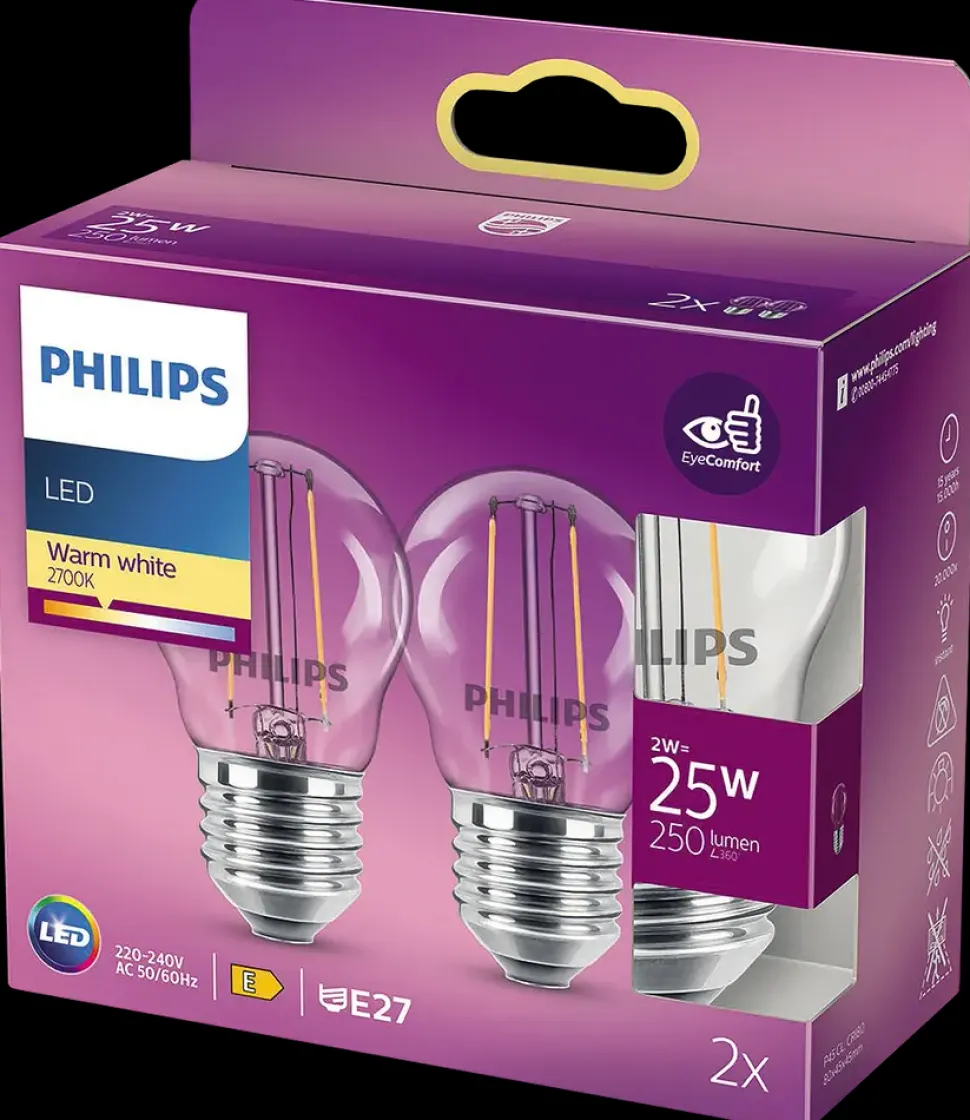 PHILIPS LED-filamentpære 2W E27 2-pak