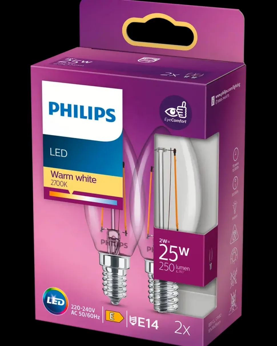 PHILIPS LED-filamentpære 2W E14 2-pak