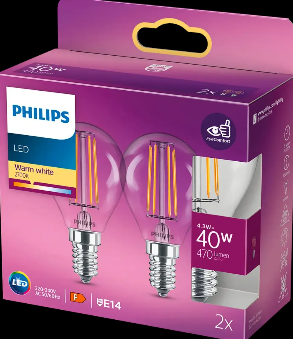 PHILIPS LED-filamentpære 4,3W E14 2-pak