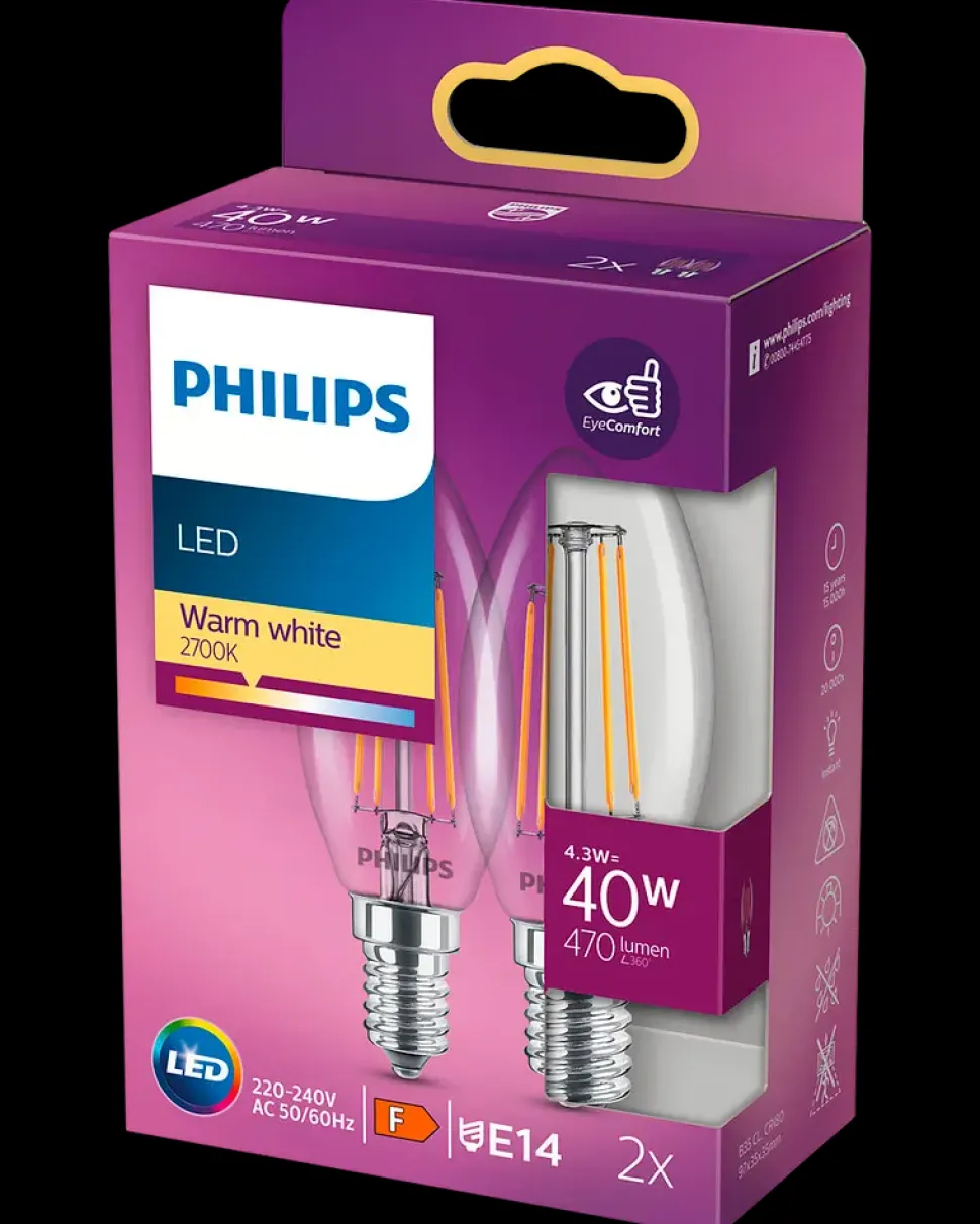 PHILIPS LED-filamentpære 4,3W E14 2-pak