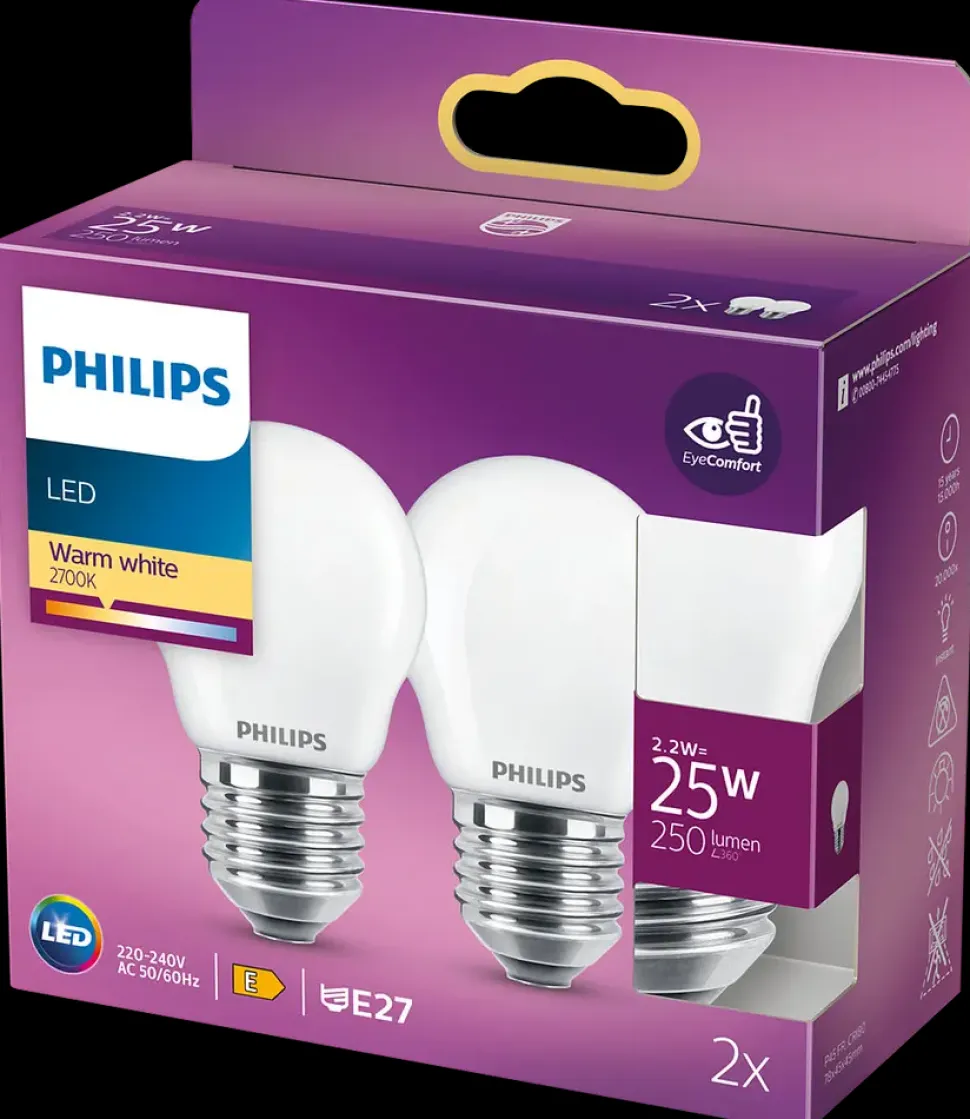 PHILIPS LED-pære 2,2W E27 A60 2-pak