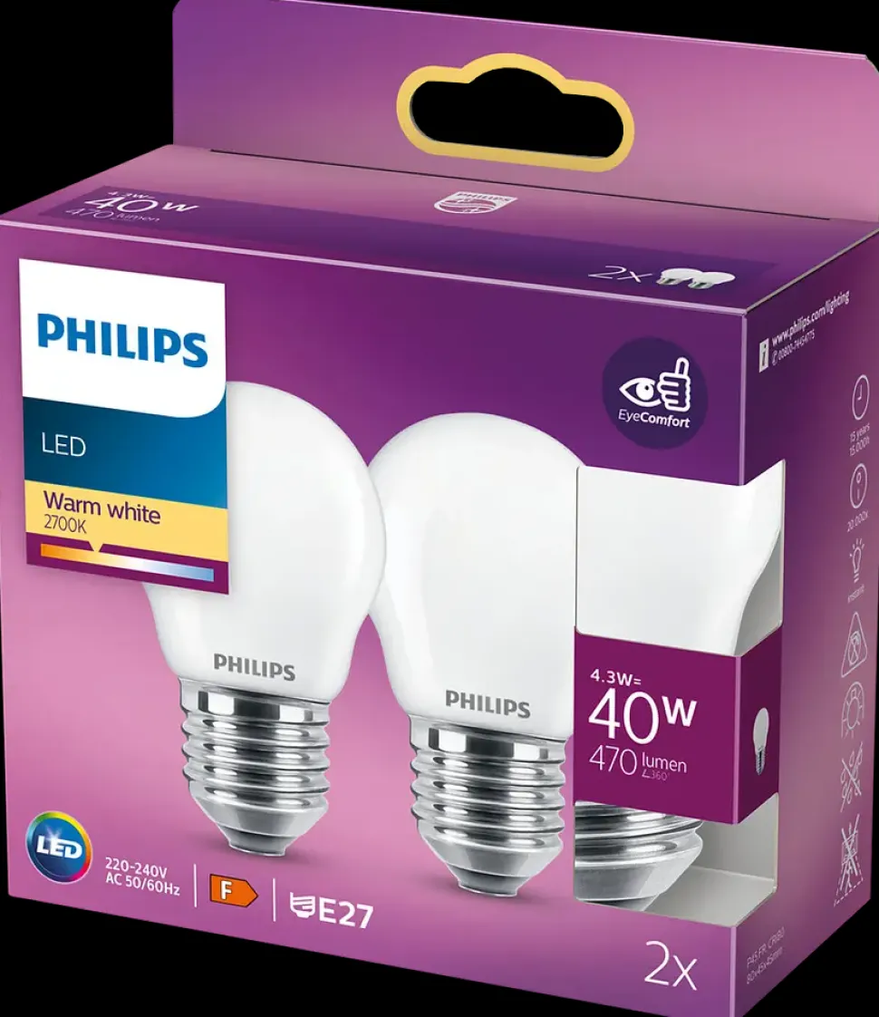 PHILIPS LED-pære 4,3W E27 P45 2-pak