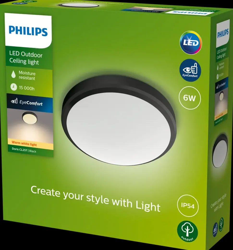 PHILIPS Loftlampe Doris Ø22cm 6W IP54 - sort