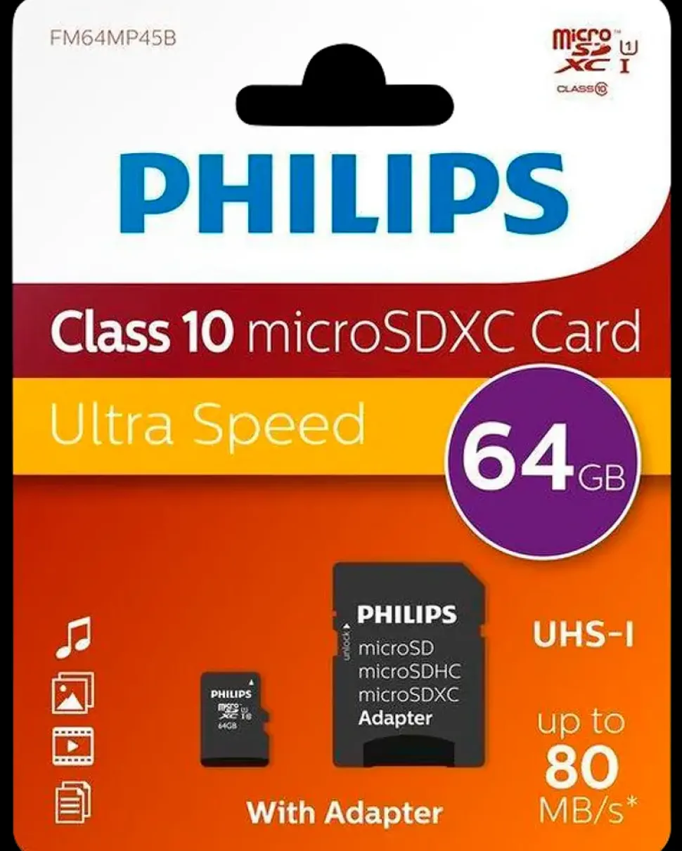 PHILIPS Micro SDXC kort - 64GB med SD adapter